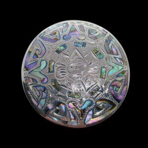 Vtg Mexico Sterling Silver Inlay Abalone Mayan Aztec Brooch Pendant 21.1g